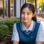 블루아카이브 목소리 연기 정보 - A "Blue Archive" student, Hoshino, in her characteristic school uniform, is depicted sitting comfort...