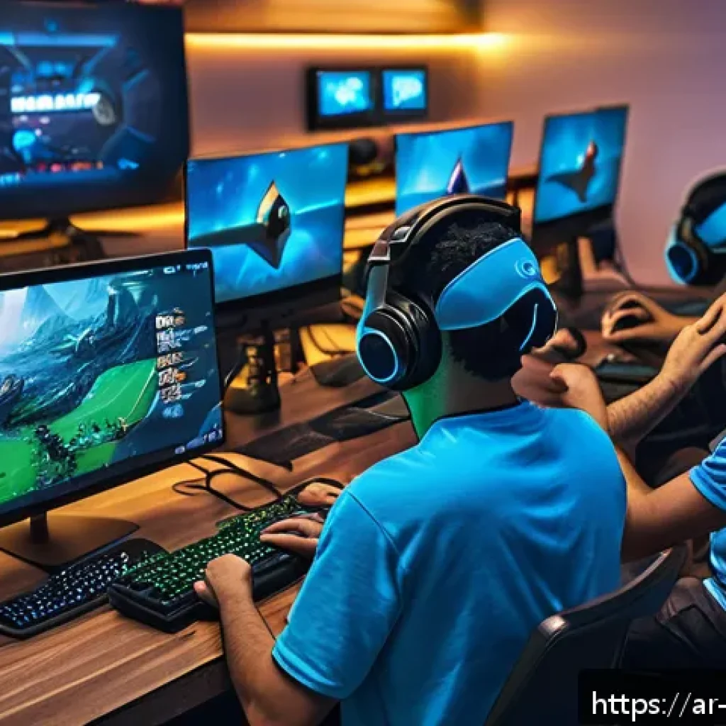 블루아카이브 클랜 운영 가이드 - A vibrant scene of a diverse group of young Middle Eastern gamers gathered around computer screens i...