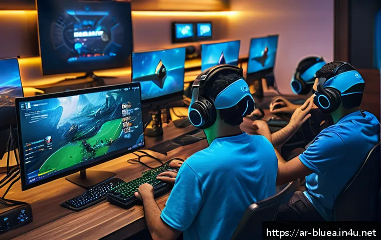 블루아카이브 클랜 운영 가이드 - A vibrant scene of a diverse group of young Middle Eastern gamers gathered around computer screens i...